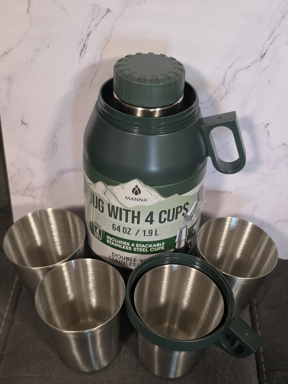 Manna 64 oz Green Double-Wall Stainless Steel Jug with 4 Cups